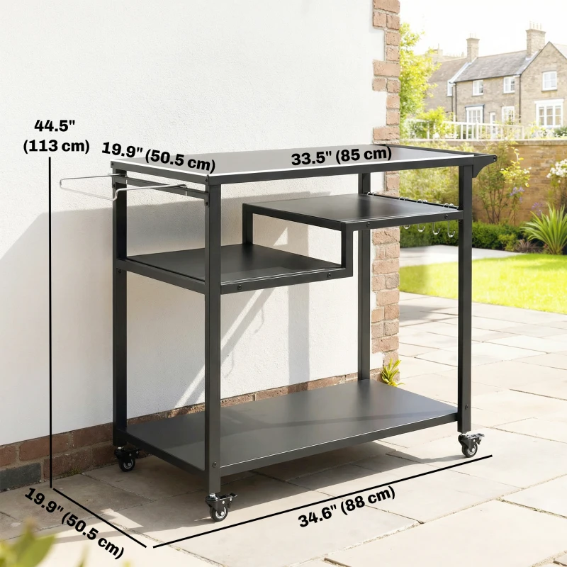Outsunny Outdoor Grill Cart, BBQ Stand, Three-Shelf Pizza Oven Stand with Hooks, Garbage Bag Holder, Wheels, Black