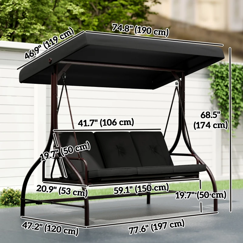Outsunny Convertible Patio Swing Bed with Canopy and Cushions, 3 Seater Porch Swing for Outdoor, Backyard, Garden, Black
