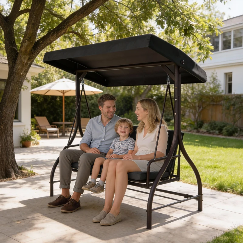 Outsunny Convertible Patio Swing Bed with Canopy and Cushions, 3 Seater Porch Swing for Outdoor, Backyard, Garden, Black