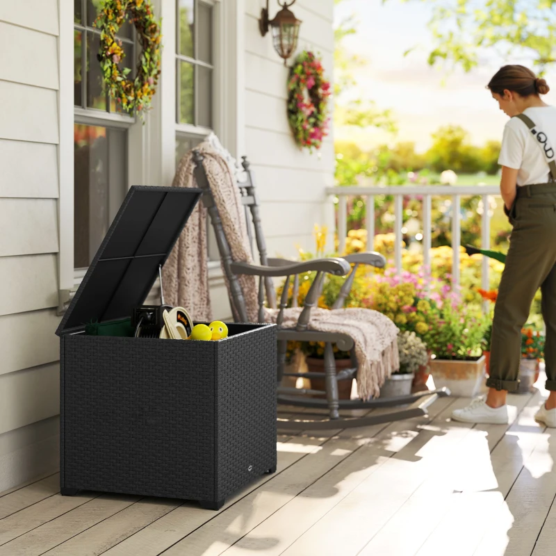 Outsunny 67 Gallon Rattan Deck Box, Wicker Outdoor Storage Box with Waterproof Zippered Liner, Safe Pneumatic Rod, Grey