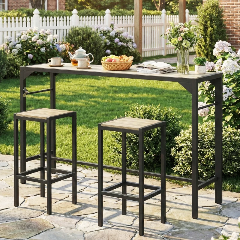 Outsunny Bar Height Outdoor Table with Built-In Bottle Opener, Patio Bar Table with Wood Grain Plastic Top, 55" x 15" x 39"