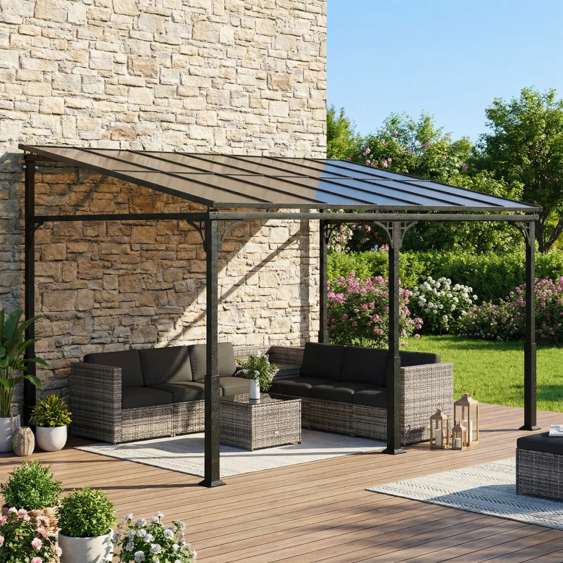 Outsunny 13' x 10' Lean to Gazebo, Hardtop Wall Mounted Outdoor Pergola with Polycarbonate Roof and Metal-Aluminium Frame