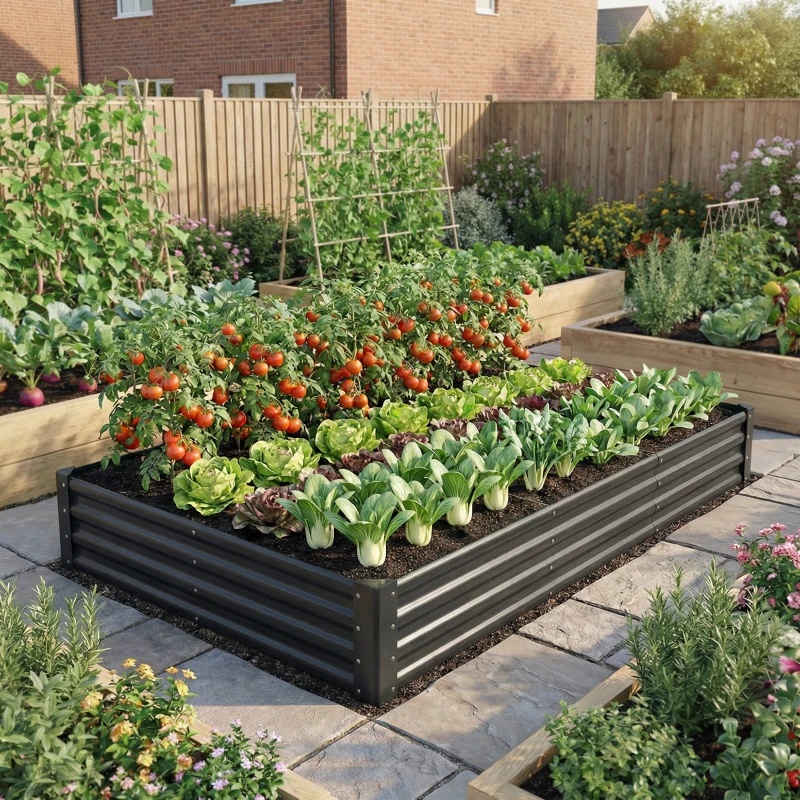 Outsunny 8 x 4 x 1ft Galvanized Raised Garden Bed, Reinforced Outdoor Planter Box with Open Bottom, Dark Grey