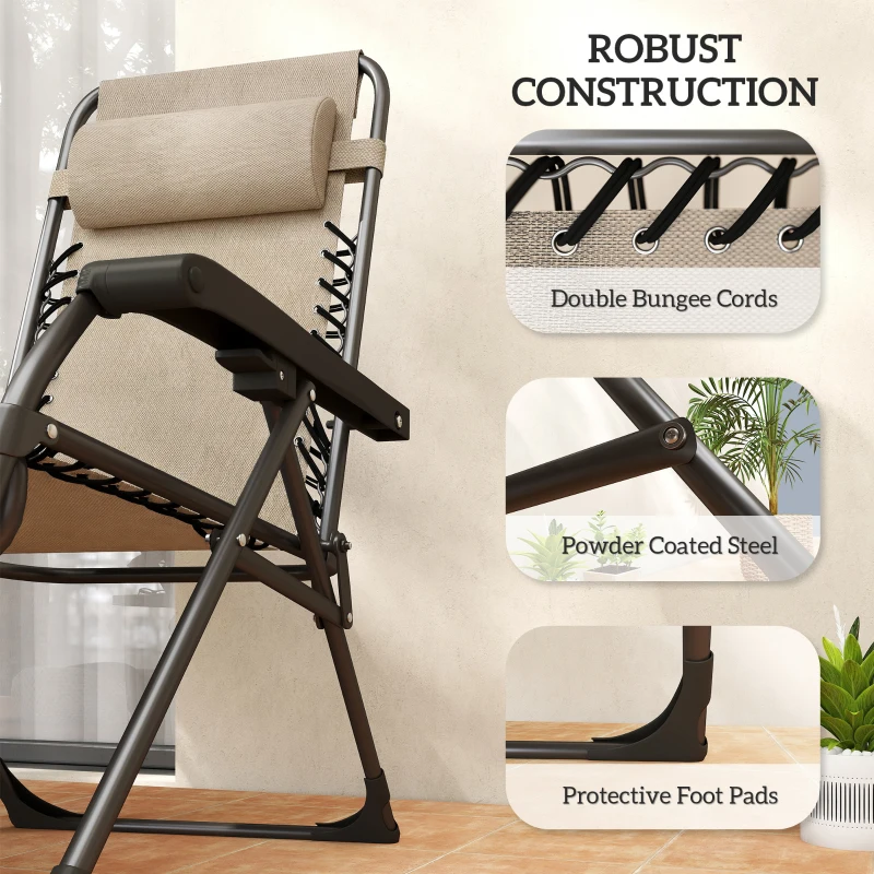 Outsunny Zero Gravity Chair Set of 2, Folding Reclining Outdoor Lounge Chair with Cup Holder, Headrest, Light Brown