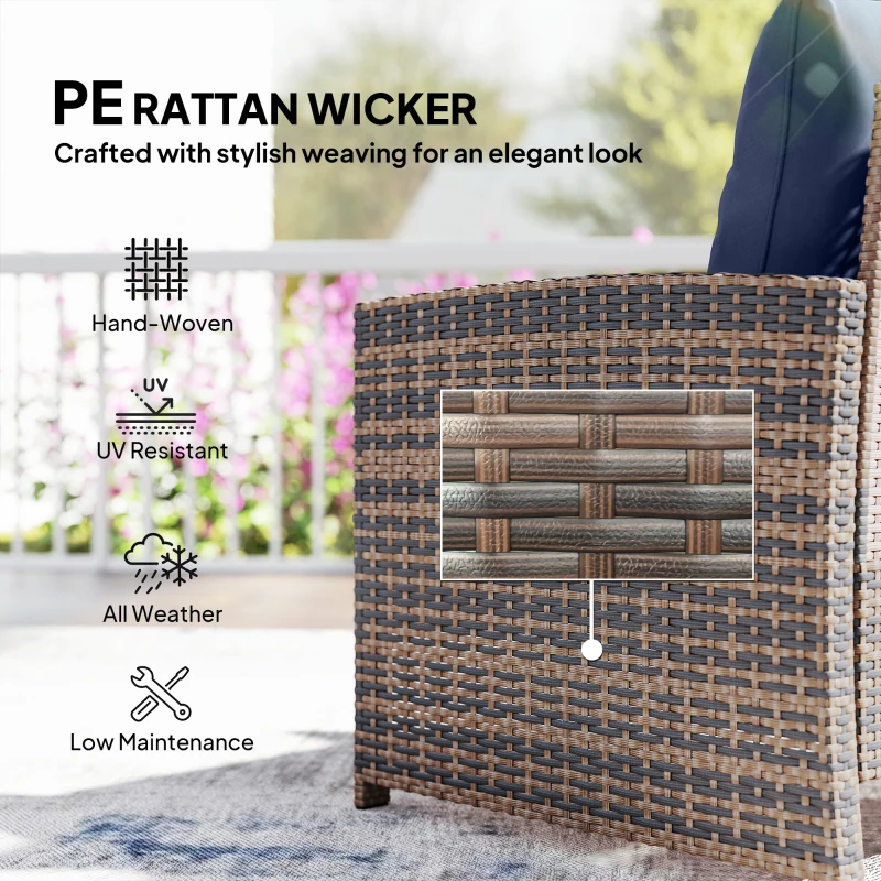 Outsunny 5 Piece Patio Furniture Set, Wicker Patio Chairs with Ottomans, 2-Tier Glass Coffee Table and Cushions, Brown/Dark Blue