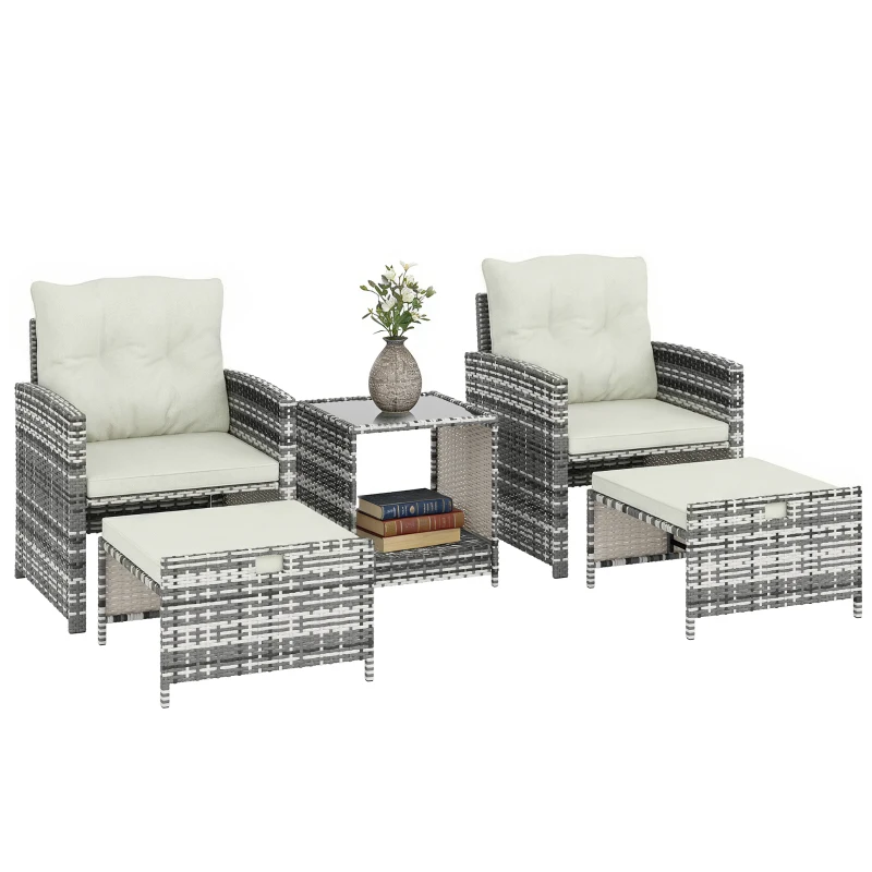 Outsunny 5 Piece Patio Furniture Set, Wicker Patio Chairs with Ottomans, 2-Tier Glass Coffee Table and Cushions, Grey/Cream White