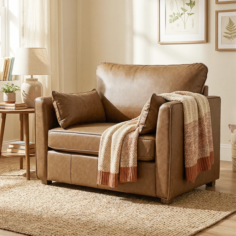 HOMCOM Accent Chair, PU Leather Armchair with Wide Seat, Spring Cushion, Rubberwood legs, 2 Pillows, Brown