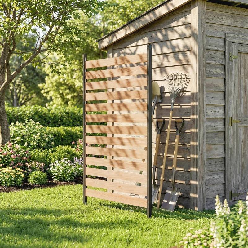 Outsunny Privacy Screen Panel, 38" x 76" No Dig Space Divider with Fir Wood Planks and Aluminum Posts, Great to Hide Trash Cans