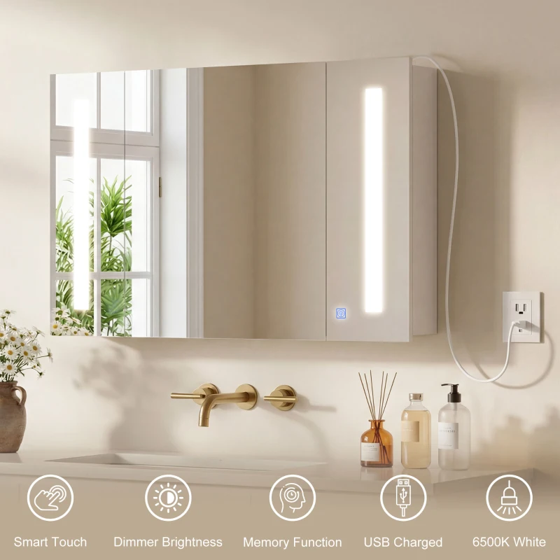 kleankin Medicine Cabinet with Mirror, Wall Mounted Bathroom Mirror Cabinet with Adjustable Shelf, USB Charge, High Gloss White