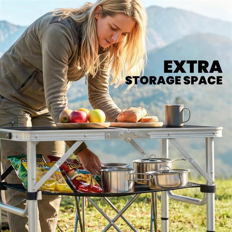 Outsunny 2ft Folding Camping Table, Picnic Table with Mesh Storage Layer, 4 Adjustable Heights and Carrying Handle, Black