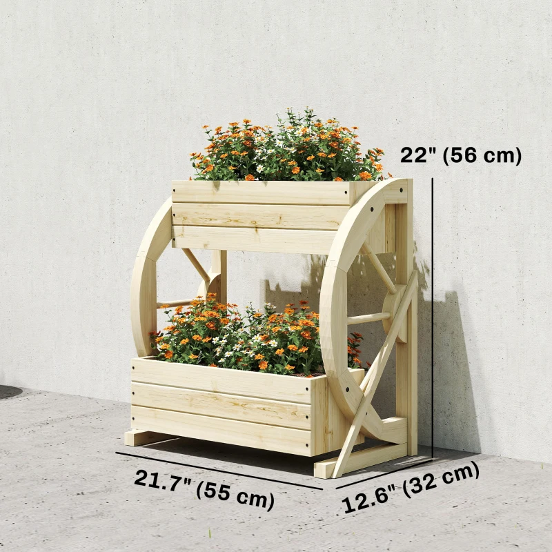 Outsunny Wooden Wagon Planter Box, 2-Tier Raised Garden Bed, for Vegetables Flowers Herbs, Natural