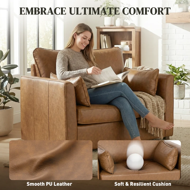 HOMCOM Accent Chair, PU Leather Armchair with Wide Seat, Spring Cushion, Rubberwood legs, 2 Pillows, Brown