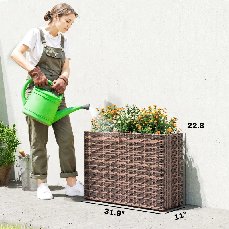 Outsunny Tall Rectangular Planter with Removable Liner, Holes, PE Wicker Large Planter Box for Indoor Outdoor Plants, Brown
