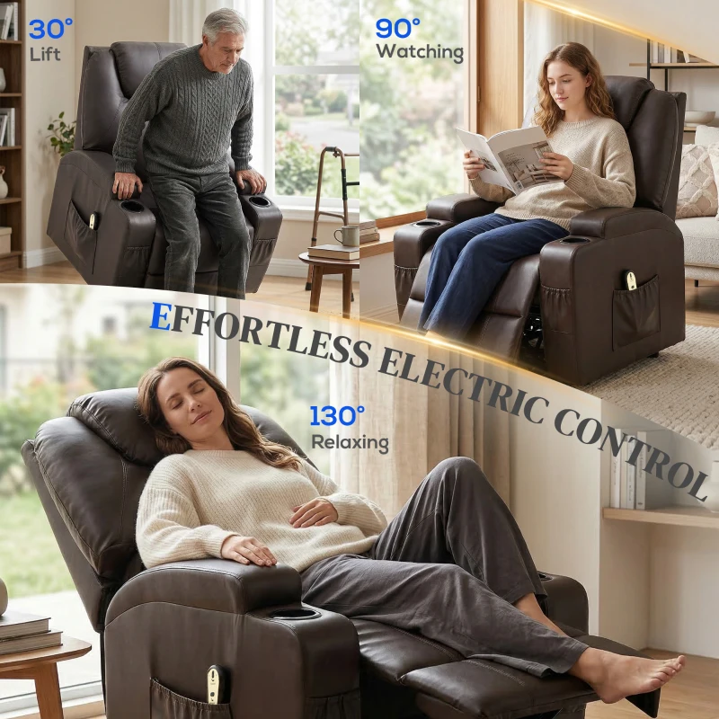 HOMCOM Power Lift Recliner Chair for Elderly, PU Leather Lift Chair with Thick and High Back, Footrest, Remote, Side Pockets, Cup Holders, Reclining Sofa for Living Room, Brown