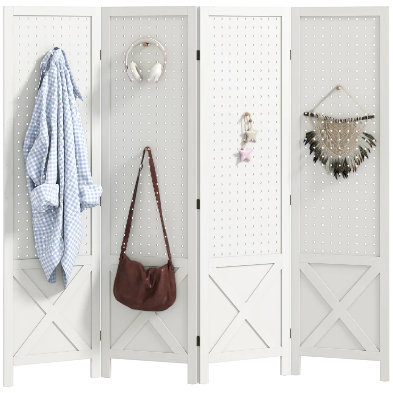 HOMCOM 56.9" 4 Panel Wooden Room Divider with Pegboard Display, Folding Privacy Screen for Home Office, White