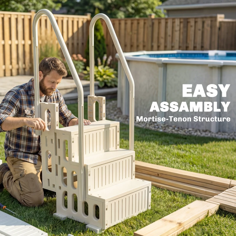 Outsunny Swimming Pool Ladder Adjustable for Above Ground Pools w/ Non-Slip Steps & Dual Handrails 4-Step Cream White