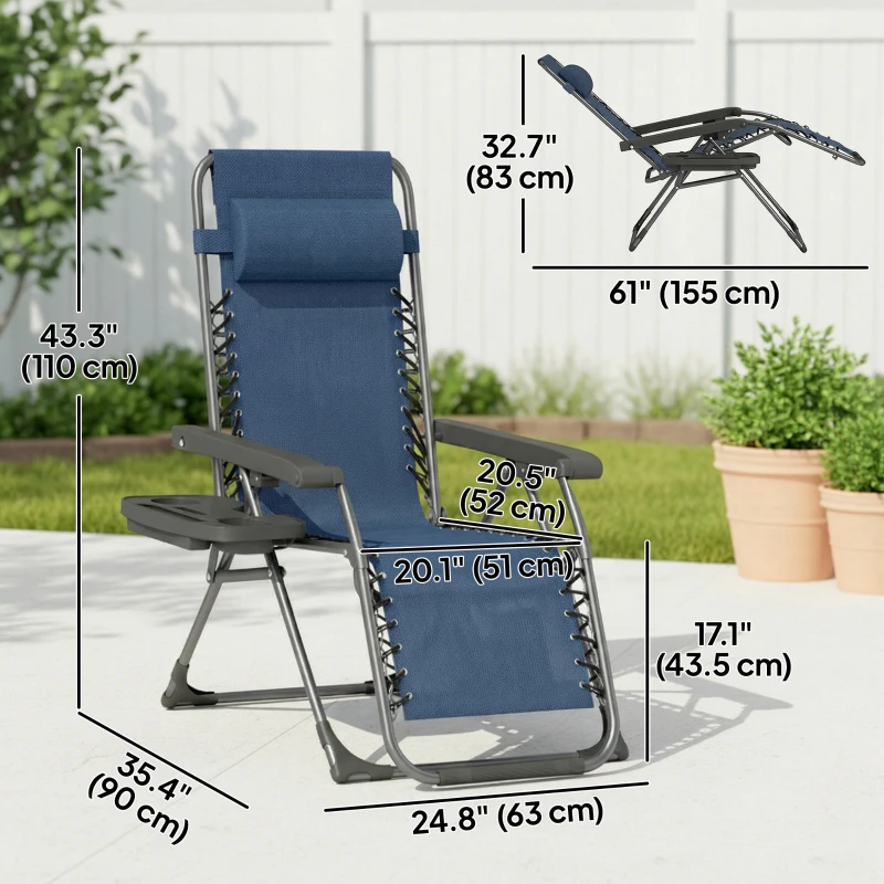 Outsunny Zero Gravity Chair Set of 2, Folding Reclining Outdoor Lounge Chair with Cup Holder, Headrest, Dark Blue