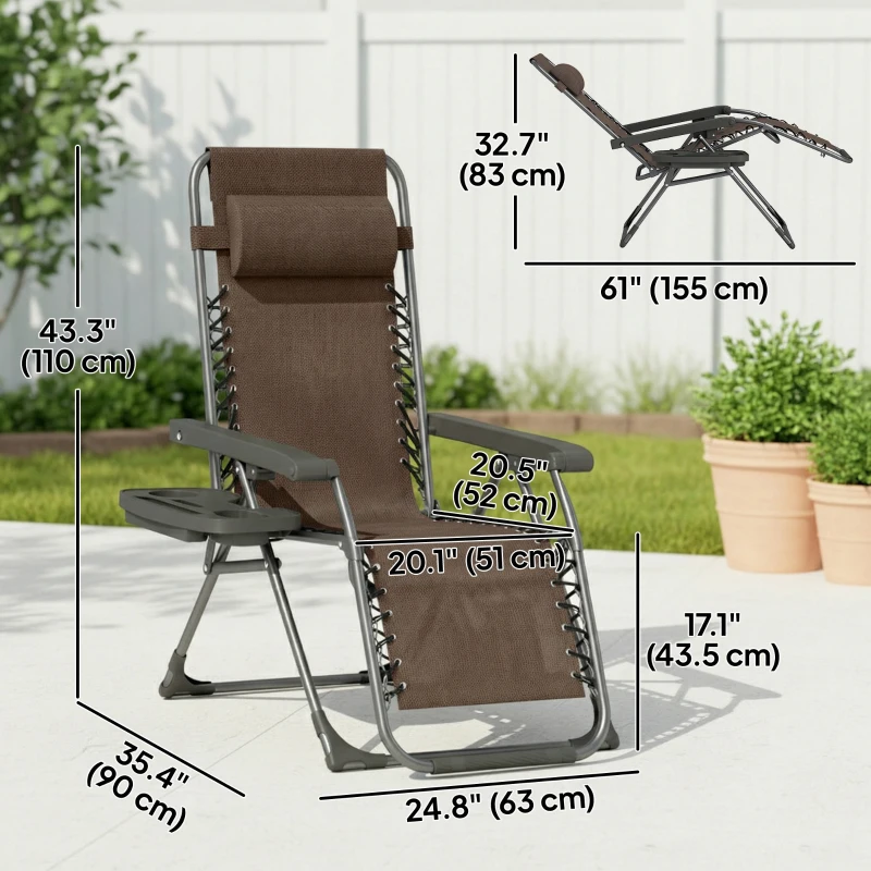 Outsunny Zero Gravity Chair Set of 2, Folding Reclining Outdoor Lounge Chair with Cup Holder, Headrest, Brown