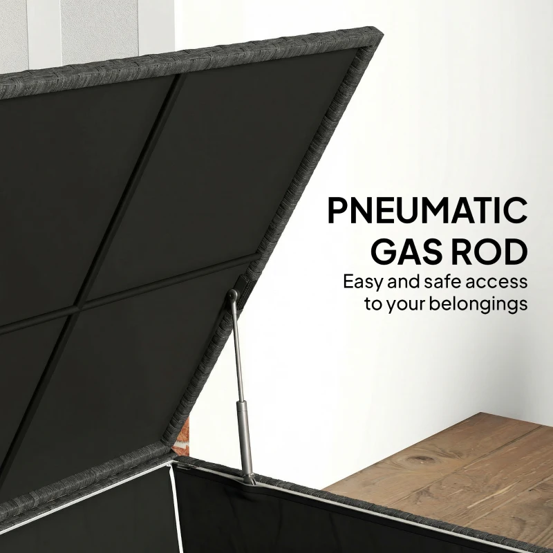 Outsunny 67 Gallon Rattan Deck Box, Wicker Outdoor Storage Box with Waterproof Zippered Liner, Safe Pneumatic Rod, Grey