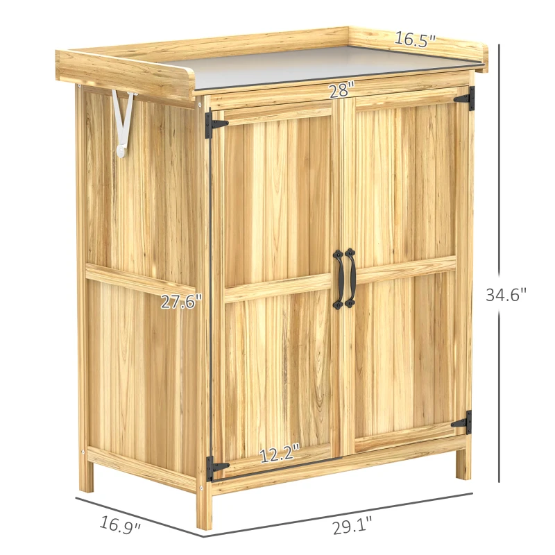 Outsunny Outdoor Storage Cabinet, Garden Tool Shed with Metal Tabletop, Shelf, Wooden Potting Bench with 2 Doors, Natural Wood