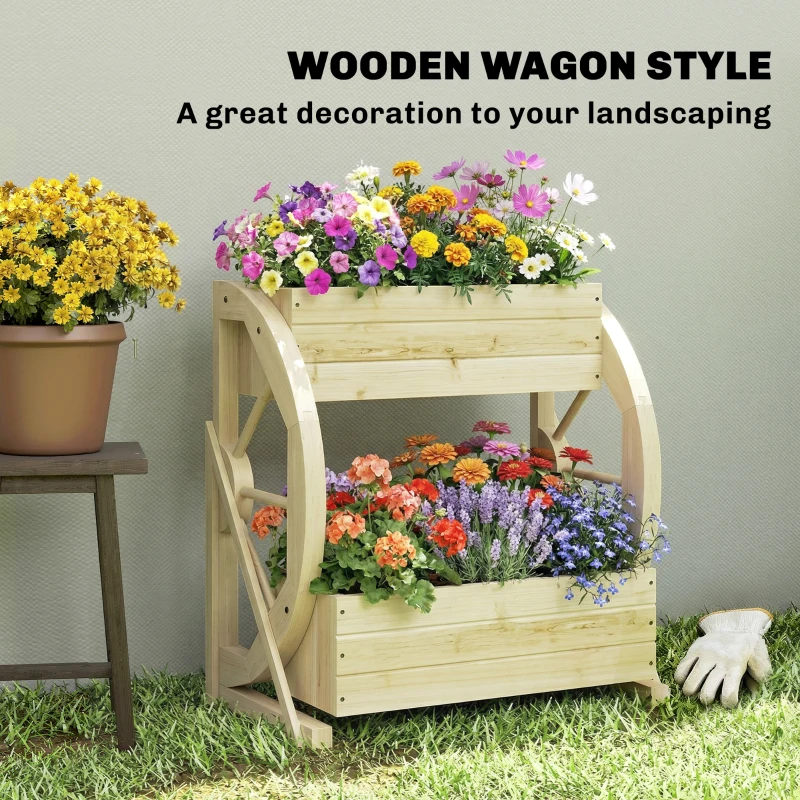 Outsunny Wooden Wagon Planter Box, 2-Tier Raised Garden Bed, for Vegetables Flowers Herbs, Natural