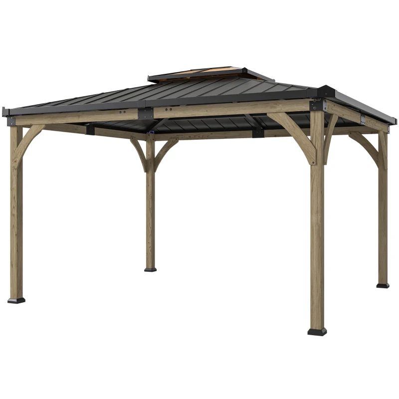 Outsunny 12' x 14' Hardtop Gazebo Canopy with Galvanized Steel Roof, Wood Frame, Double Roof Outdoor Gazebo, Light Walnut