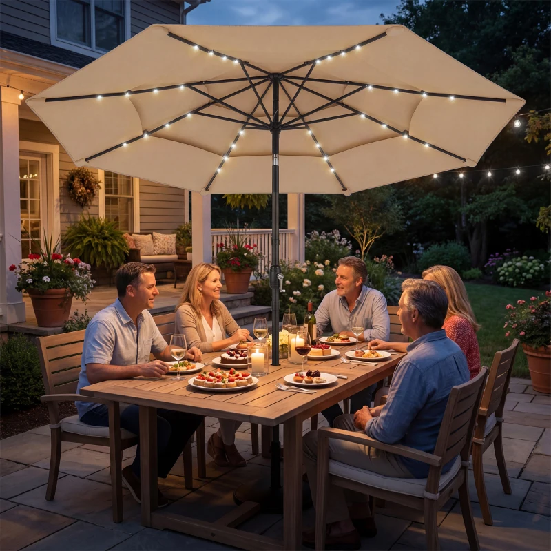 Outsunny 9.3 ft Patio Umbrella with Solar LED Lights, Cover, 3 Tier Outdoor Market Table Parasol with Tilt, Crank, Khaki