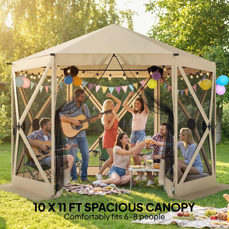 Outsunny 10 x 11 ft Pop Up Gazebo Screen Tent, Portable Instant Camping Canopy Screen House with Nettings, Carry Bag, Beige
