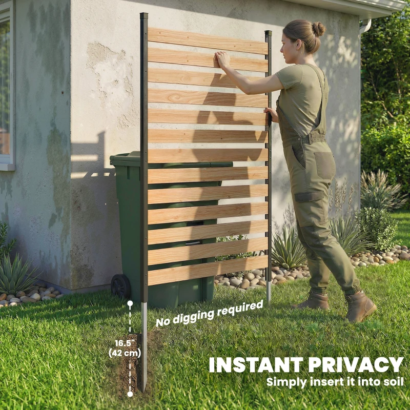 Outsunny Privacy Screen Panel, 38" x 76" No Dig Space Divider with Fir Wood Planks and Aluminum Posts, Great to Hide Trash Cans