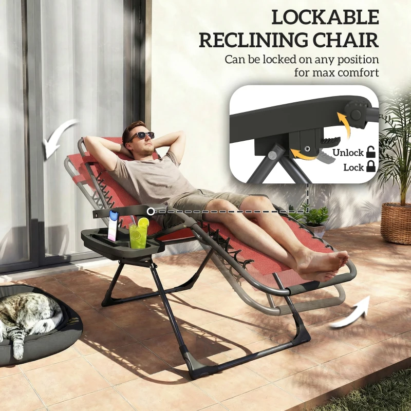Outsunny Zero Gravity Chair Set of 2, Folding Reclining Outdoor Lounge Chair with Cup Holder, Headrest, Wine Red