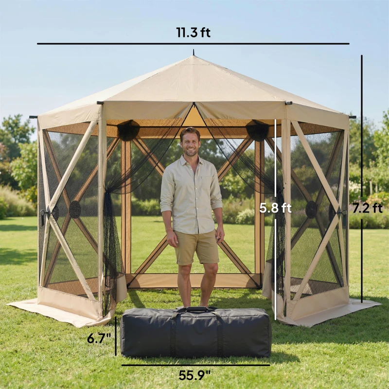 Outsunny 10 x 11 ft Pop Up Gazebo Screen Tent, Portable Instant Camping Canopy Screen House with Nettings, Carry Bag, Beige
