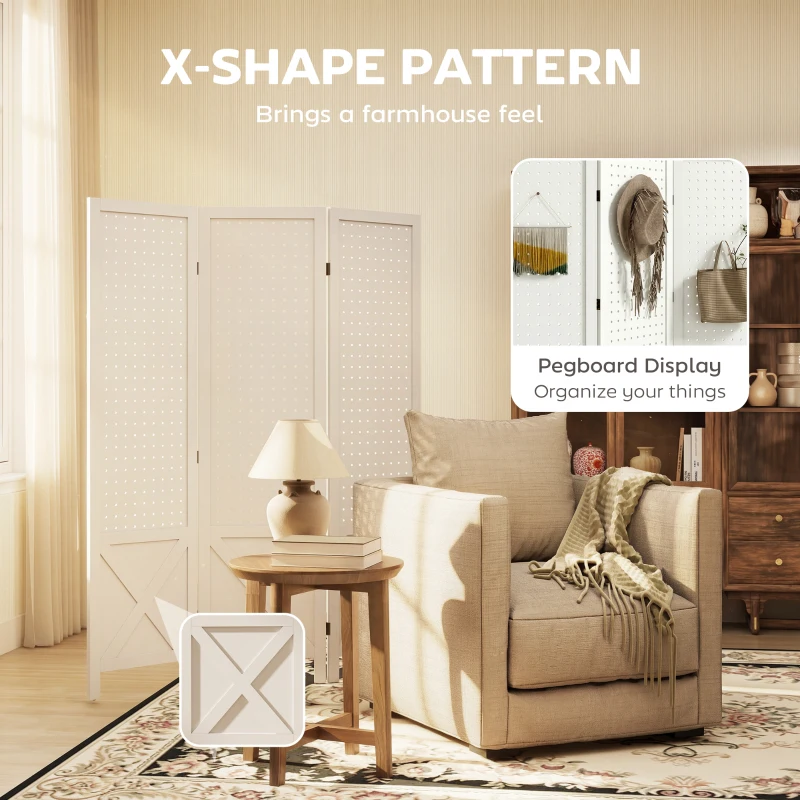HOMCOM 56.9" 3 Panel Wooden Room Divider with Pegboard Display, Folding Privacy Screen for Home Office, White