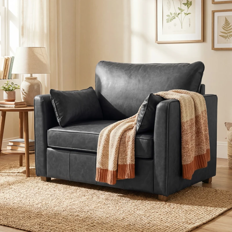 HOMCOM Accent Chair, PU Leather Armchair with Wide Seat, Spring Cushion, Rubberwood legs, 2 Pillows, Black