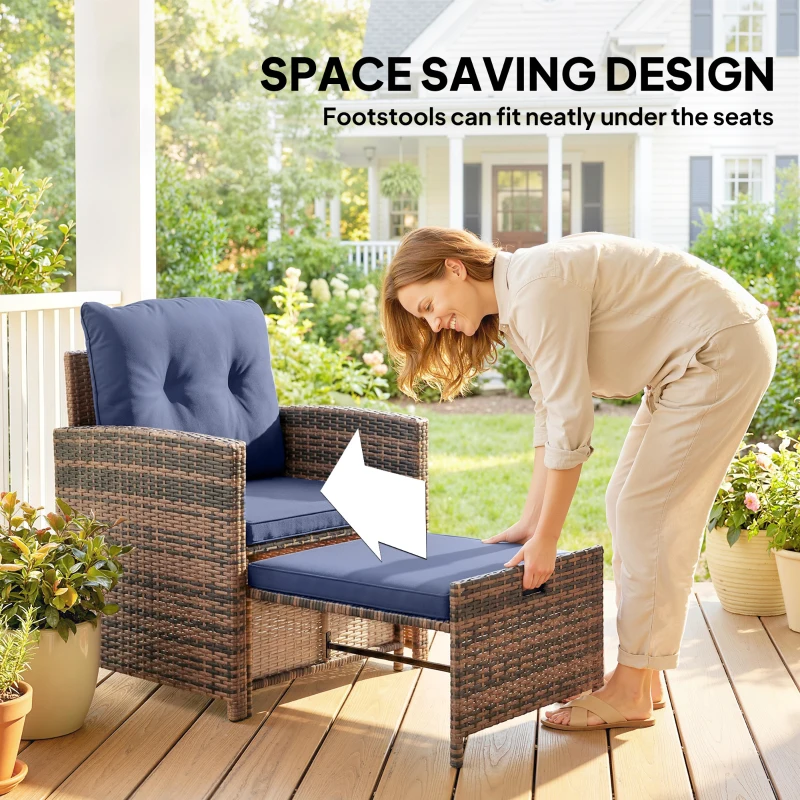 Outsunny 5 Piece Patio Furniture Set, Wicker Patio Chairs with Ottomans, 2-Tier Glass Coffee Table and Cushions, Brown/Dark Blue