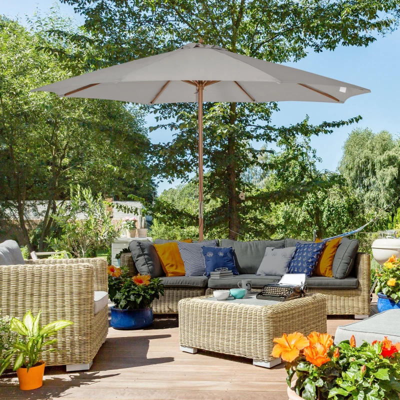 Outsunny 10' x 8' Wooden Patio Umbrella, Garden Parasol, Outdoor Sunshade Canopy with Bamboo Rib for Outdoor, Grey