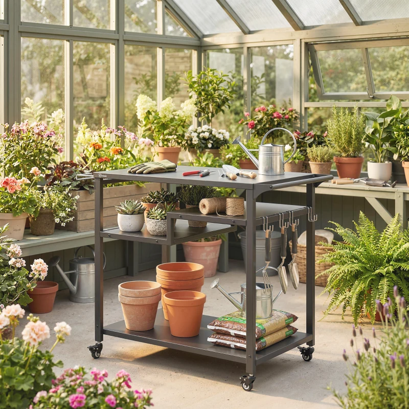 Outsunny Outdoor Grill Cart, BBQ Stand, Three-Shelf Pizza Oven Stand with Hooks, Garbage Bag Holder, Wheels, Black