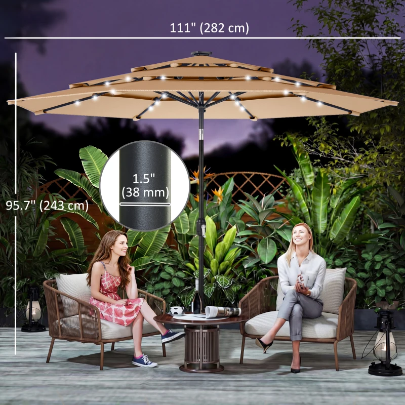 Outsunny 9.3 ft Patio Umbrella with Solar LED Lights, Cover, 3 Tier Outdoor Market Table Parasol with Tilt, Crank, Khaki