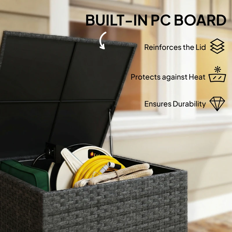 Outsunny 67 Gallon Rattan Deck Box, Wicker Outdoor Storage Box with Waterproof Zippered Liner, Safe Pneumatic Rod, Grey