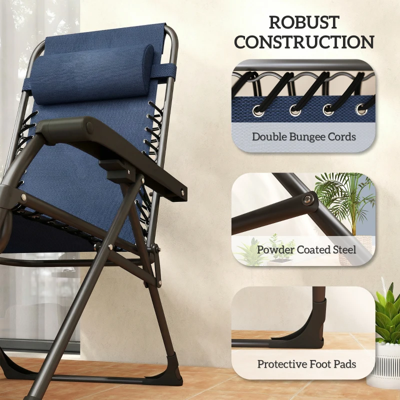 Outsunny Zero Gravity Chair Set of 2, Folding Reclining Outdoor Lounge Chair with Cup Holder, Headrest, Dark Blue