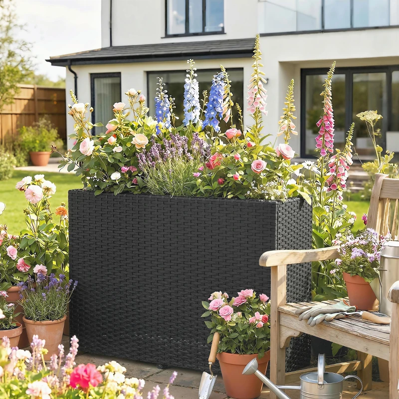 Outsunny Tall Rectangular Planter with Removable Liner, Holes, PE Wicker Large Planter Box for Indoor Outdoor Plants, Black