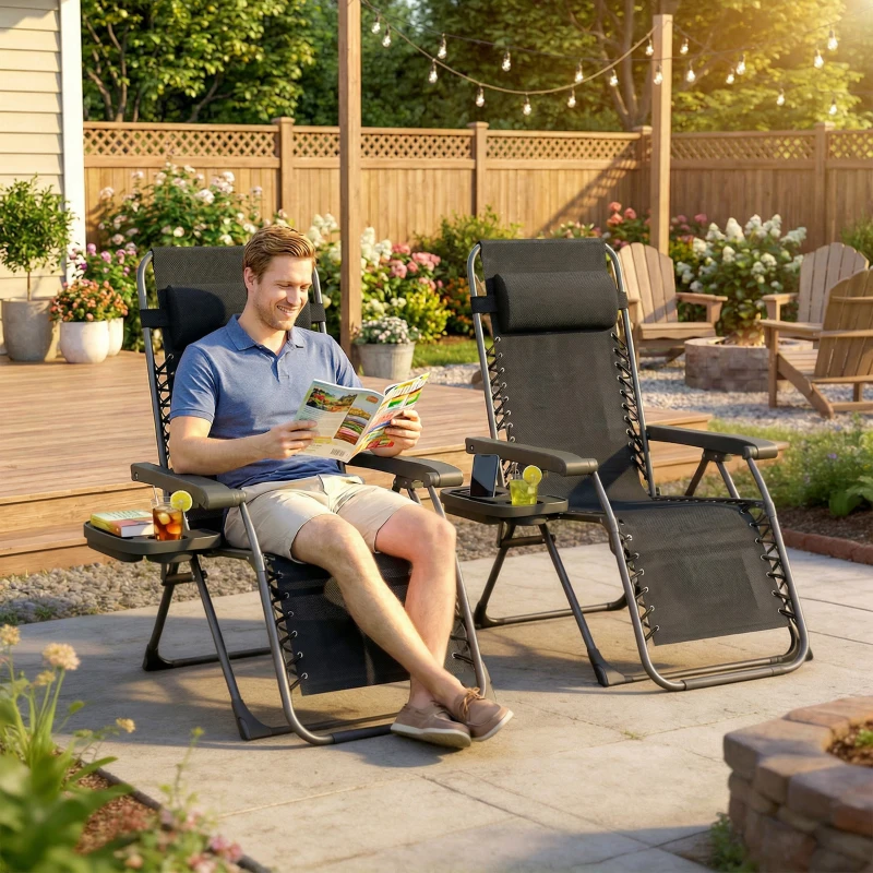 Outsunny Zero Gravity Chair Set of 2, Folding Reclining Outdoor Lounge Chair with Cup Holder, Headrest, Black