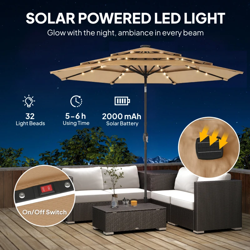 Outsunny 9.3 ft Patio Umbrella with Solar LED Lights, Cover, 3 Tier Outdoor Market Table Parasol with Tilt, Crank, Khaki