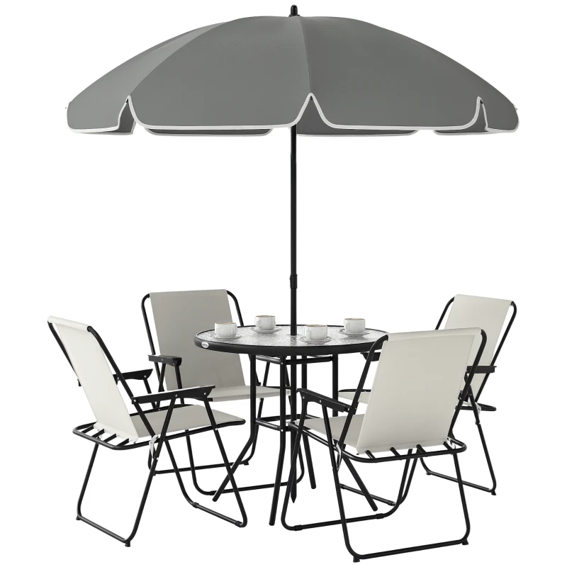 Outsunny 6 Pieces Patio Dining Set with Umbrella, Patio Furniture Set with Folding Chairs, Glass Table for Garden Backyard, Cream White