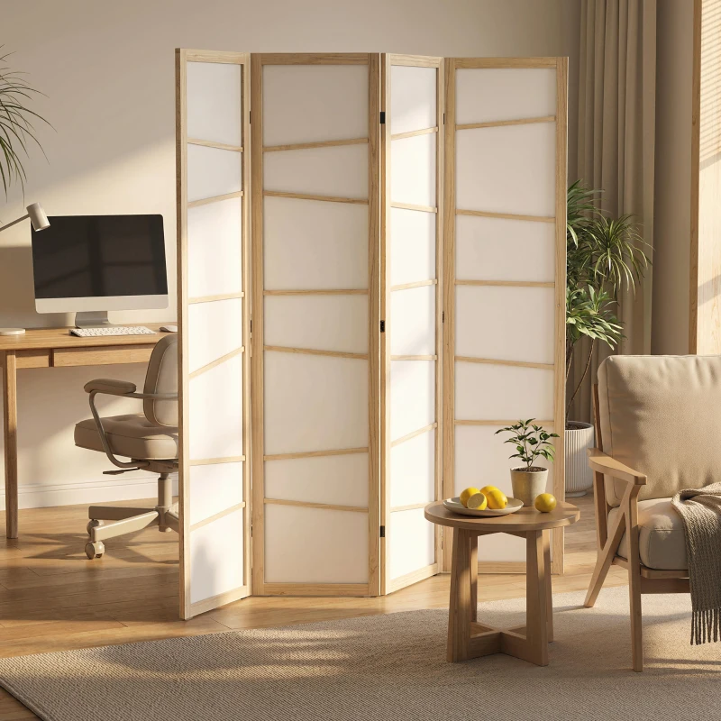 HOMCOM 66.9" Folding Room Divider, 4 Panel Wall Partition with Wood Frame for Bedroom, Home Office, Natural Wood