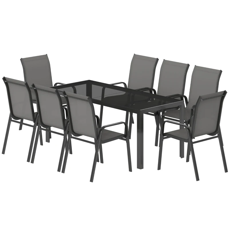 Outsunny 9 Pieces Patio Set with Stackable Chairs, Patio Dining Set with Glass Top for Garden, Patio, Backyard, Dark Grey