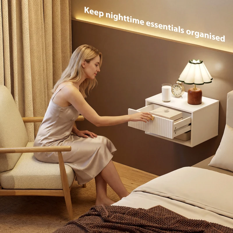 HOMCOM Set of 2 Wall Mounted Bedside Tables, Floating Nightstands with Fluted Drawer and Open Shelf for Bedroom, White