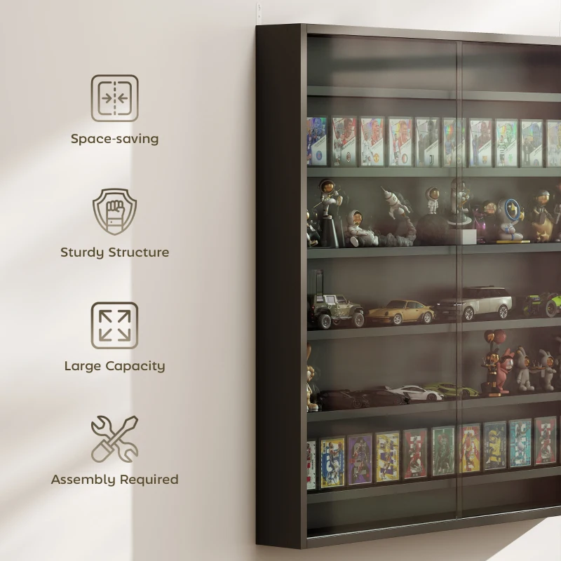 HOMCOM 7-Tier Display Cabinet, Shot Glass Display Case, Glass Curio Cabinet with 2 Glass Doors and 6 Adjustable Shelves, Black