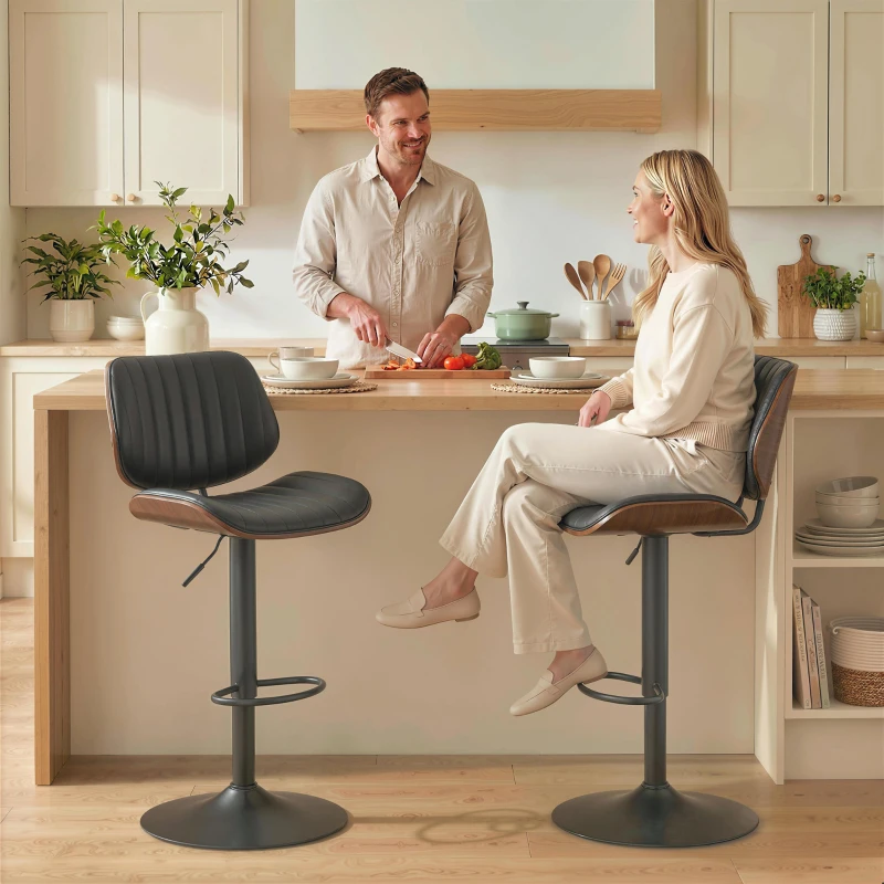 HOMCOM Bar Stools Set of 2, Swivel Counter Height Barstools with Back, Adjustable Height, Black