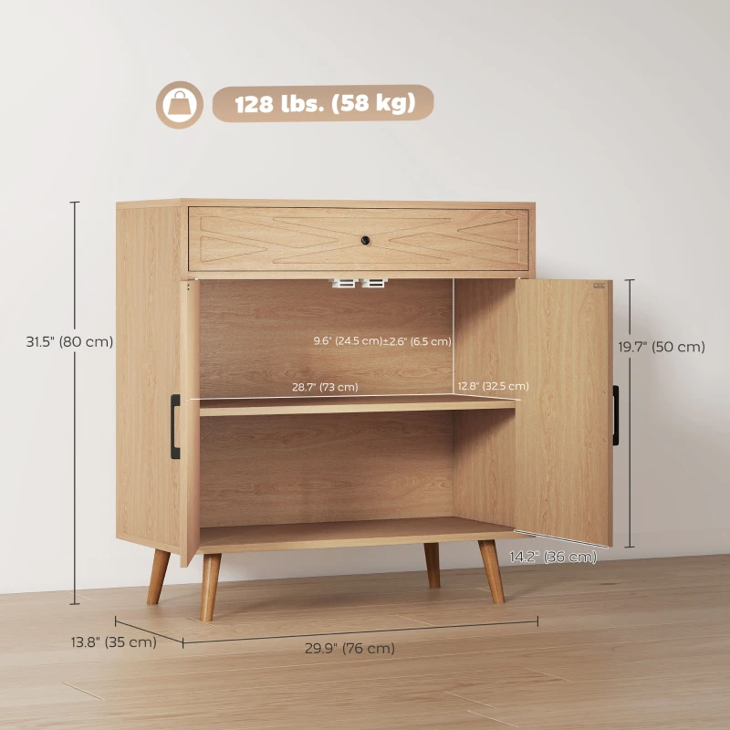 HOMCOM 30" Sideboard with Patterned Doors, Buffet Cabinet with Drawer and Cabinet for Dining Room, Oak