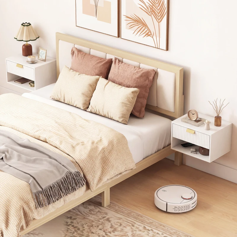 HOMCOM Set of 2 Wall Mounted Bedside Tables, Floating Nightstands with Fluted Drawer and Open Shelf for Bedroom, White